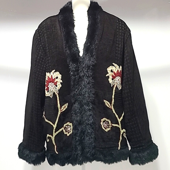 Flashback Vintage Embroidered Faux Fur Black Coat Jacket Size L - Picture 11 of 15